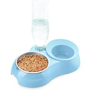 Миска двойная Catidea с автопоением, металл, голубая