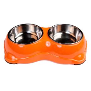 Миска двойная для кошек и собак со съемными металлическими чашами, 26.5x15.5x6 см, 150+150 мл, оранжевый