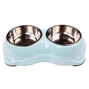 Миска двойная для кошек и собак со съемными металлическими чашами, 26.5x15.5x6 см, 150+150 мл, голубой