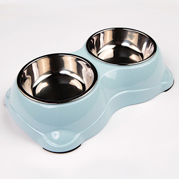 Миска двойная для кошек и собак со съемными металлическими чашами, 26.5x15.5x6 см, 150+150 мл, голубой