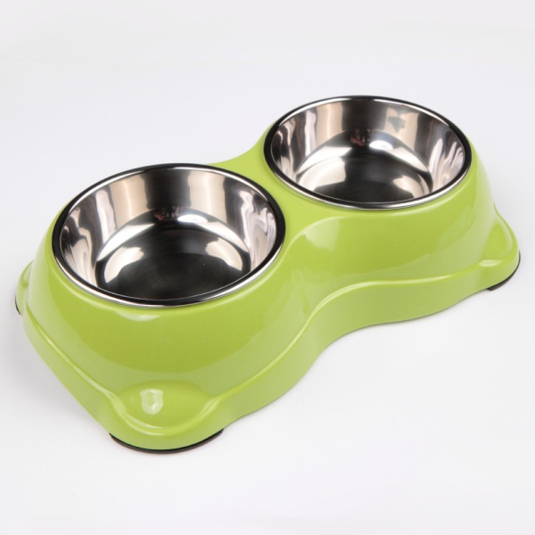 Миска двойная для кошек и собак со съемными металлическими чашами, 26.5x15.5x6 см, 150+150 мл, зеленый