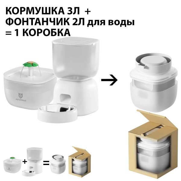 Автокормушка Petzengo PF14-LCD и фонтан-поилка PW7, белая