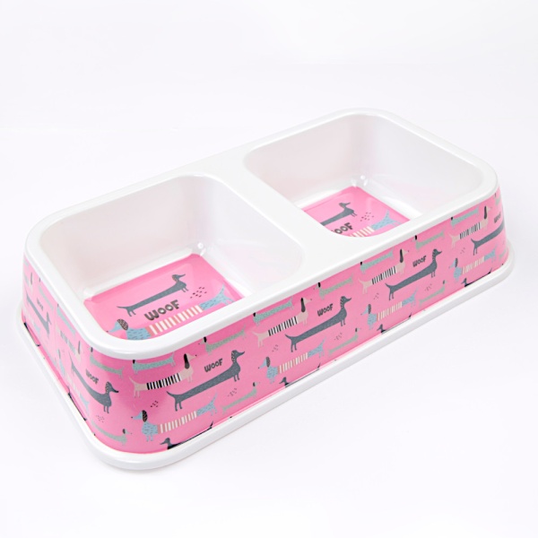 Миска двойная для собак и кошек 33х18.5х7 см, 670+670 мл, розовый