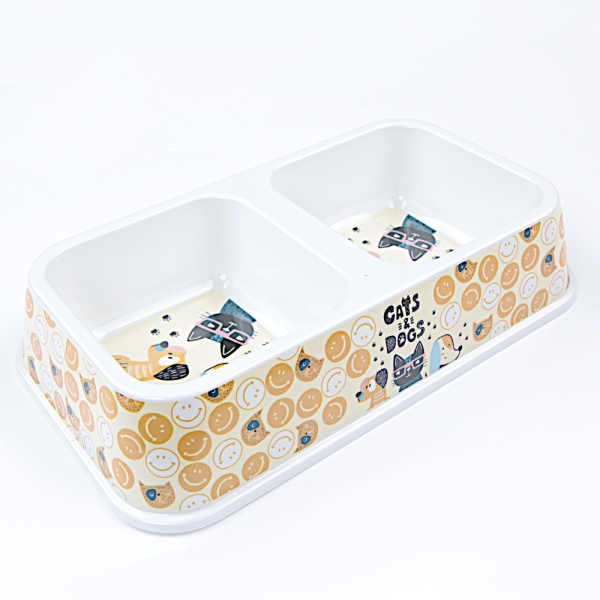 Миска двойная для собак и кошек 33х18.5х7 см, 670+670 мл, желтый