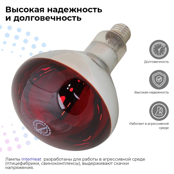 Лампа инфракрасная 175 Вт InterHeat, Е27 R125, закаленное стекло, красная 2 шт.