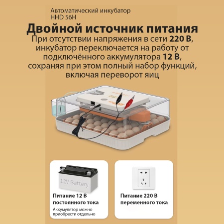 Инкубатор HHD 56H автоматический с контролем влажности и овоскопом на 220В/12В от сети и аккумулятора на 56 яиц​