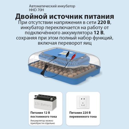 Инкубатор HHD 70H автоматический на 70 яиц, с контролем влажности и овоскопом на 220В/12В от сети и аккумулятора​