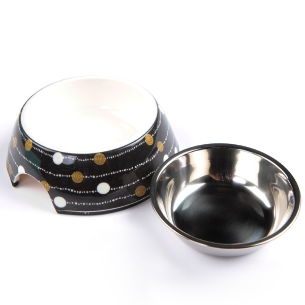 Миска для собак и кошек со стальной вставкой, 14.5x14.5x5 см, 150 мл, гирлянда, черный