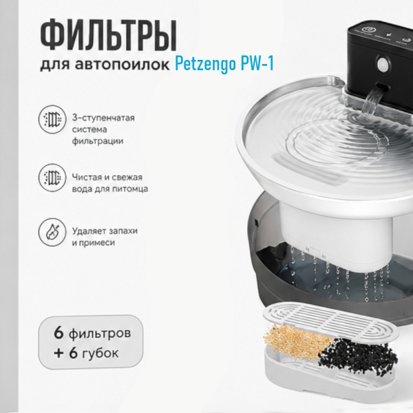 Фильтры для автопоилок Petzengo PW-1, 6 картриджей + 6 губок