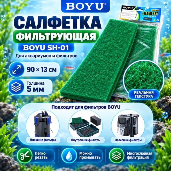 Салфетка фильтрующая Boyu SH-01 синтепон для аквариума, зеленая